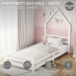 Kinderbett Haus 90x200 cm Weiß mit Matratze H:10cm Holzbett für Kinder mit Lattenrost Schornstein Design ML-Design-ECD Germany Outlet