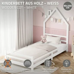 Kinderbett Haus 90x200 cm Weiß Hausbett für Kinder Holzbett mit Lattenrost Schornstein Design ML-Design-ECD Germany Sale