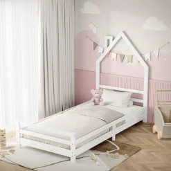 Kinderbett Haus 90x200 cm Weiß Hausbett für Kinder Holzbett mit Lattenrost Schornstein Design ML-Design-ECD Germany Sale