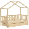 Kinderbett Hausbett mit 2 Schubkasten 70x140 cm Natur aus Kiefernholz mit Rausfallschutz und Lattenrost ML-Design-ECD Germany Discount