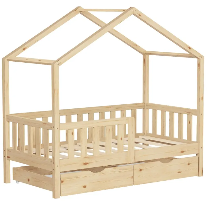 Kinderbett Hausbett mit 2 Schubkasten 70x140 cm Natur aus Kiefernholz mit Rausfallschutz und Lattenrost ML-Design-ECD Germany Discount