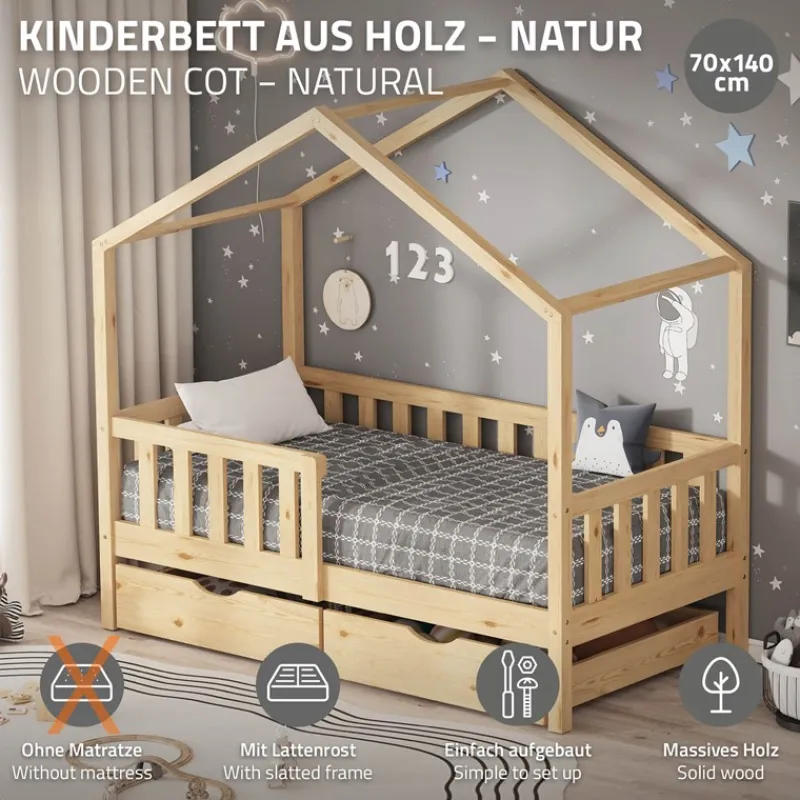 Kinderbett Hausbett mit 2 Schubkasten 70x140 cm Natur aus Kiefernholz mit Rausfallschutz und Lattenrost ML-Design-ECD Germany Discount