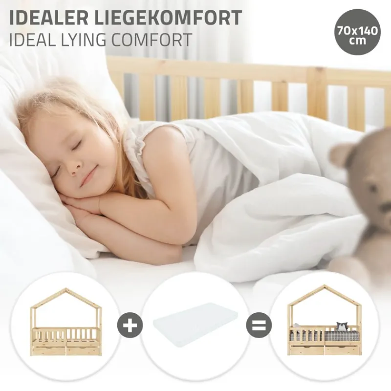 Kinderbett Hausbett mit 2 Schubkasten 70x140 cm Natur aus Kiefernholz mit Rausfallschutz und Lattenrost ML-Design-ECD Germany Discount