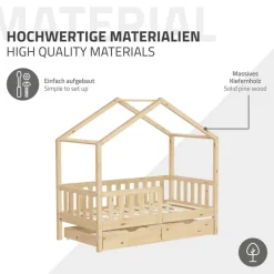 Kinderbett Hausbett mit 2 Schubkasten 70x140 cm Natur aus Kiefernholz mit Rausfallschutz und Lattenrost ML-Design-ECD Germany Discount