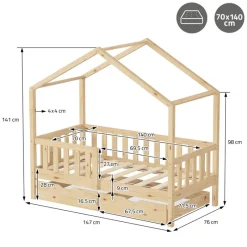 Kinderbett Hausbett mit 2 Schubkasten 70x140 cm Natur aus Kiefernholz mit Rausfallschutz und Lattenrost ML-Design-ECD Germany Discount
