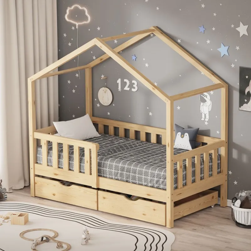 Kinderbett Hausbett mit 2 Schubkasten 70x140 cm Natur aus Kiefernholz mit Rausfallschutz und Lattenrost ML-Design-ECD Germany Discount