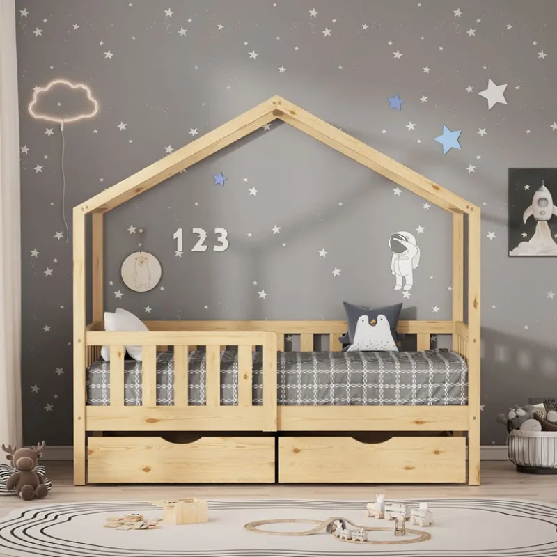 Kinderbett Hausbett mit 2 Schubkasten 70x140 cm Natur aus Kiefernholz mit Rausfallschutz und Lattenrost ML-Design-ECD Germany Discount
