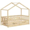 Kinderbett Hausbett mit 2 Schubkasten 80x160 cm Natur aus Kiefernholz mit Rausfallschutz und Lattenrost ML-Design-ECD Germany Clearance