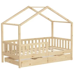 Kinderbett Hausbett mit 2 Schubkasten 80x160 cm Natur aus Kiefernholz mit Rausfallschutz und Lattenrost ML-Design-ECD Germany Clearance
