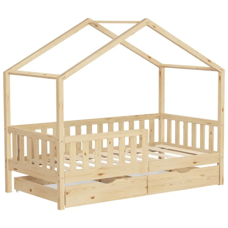 Kinderbett Hausbett mit 2 Schubkasten 80x160 cm Natur aus Kiefernholz mit Rausfallschutz und Lattenrost ML-Design-ECD Germany Clearance