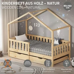 Kinderbett Hausbett mit 2 Schubkasten 80x160 cm Natur aus Kiefernholz mit Rausfallschutz und Lattenrost ML-Design-ECD Germany Clearance