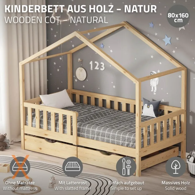 Kinderbett Hausbett mit 2 Schubkasten 80x160 cm Natur aus Kiefernholz mit Rausfallschutz und Lattenrost ML-Design-ECD Germany Clearance