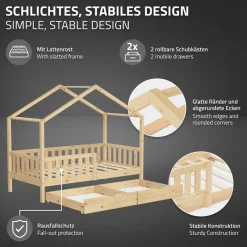 Kinderbett Hausbett mit 2 Schubkasten 80x160 cm Natur aus Kiefernholz mit Rausfallschutz und Lattenrost ML-Design-ECD Germany Clearance