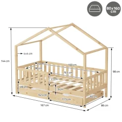 Kinderbett Hausbett mit 2 Schubkasten 80x160 cm Natur aus Kiefernholz mit Rausfallschutz und Lattenrost ML-Design-ECD Germany Clearance
