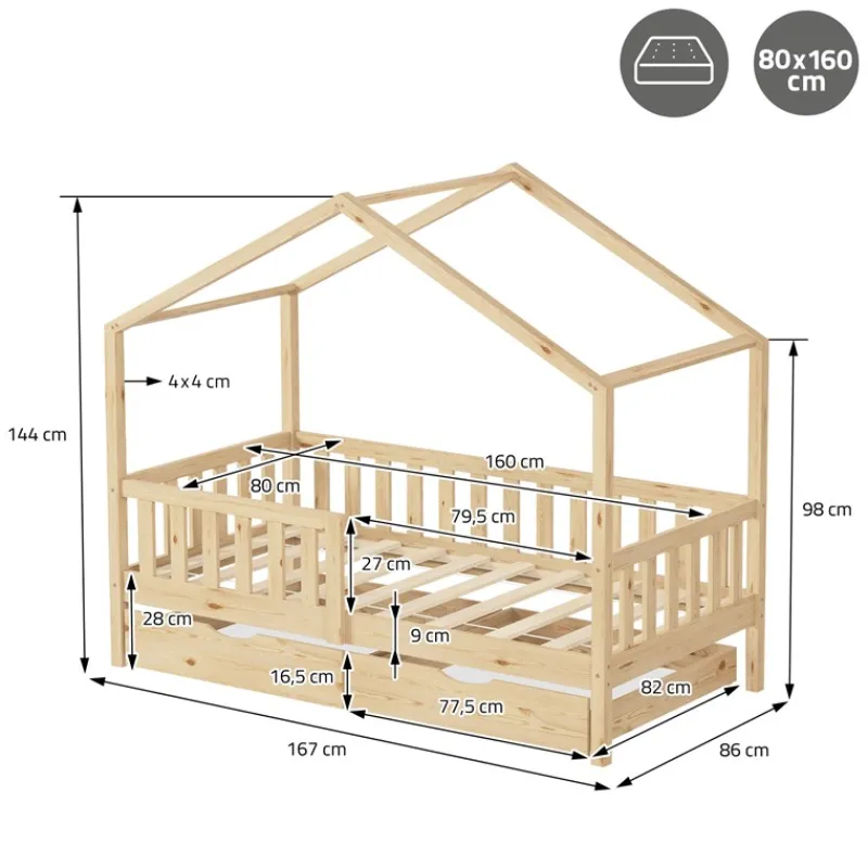 Kinderbett Hausbett mit 2 Schubkasten 80x160 cm Natur aus Kiefernholz mit Rausfallschutz und Lattenrost ML-Design-ECD Germany Clearance