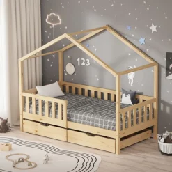 Kinderbett Hausbett mit 2 Schubkasten 80x160 cm Natur aus Kiefernholz mit Rausfallschutz und Lattenrost ML-Design-ECD Germany Clearance