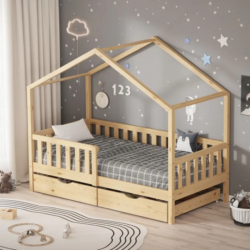 Kinderbett Hausbett mit 2 Schubkasten 80x160 cm Natur aus Kiefernholz mit Rausfallschutz und Lattenrost ML-Design-ECD Germany Clearance