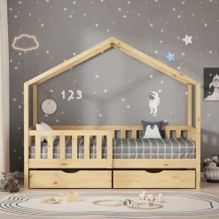 Kinderbett Hausbett mit 2 Schubkasten 80x160 cm Natur aus Kiefernholz mit Rausfallschutz und Lattenrost ML-Design-ECD Germany Clearance