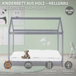 Kinderbett Hausbett 80x160 cm Hellgrau aus Kiefernholz Holzbett mit Dach und Lattenrost ML-Design-ECD Germany Hot