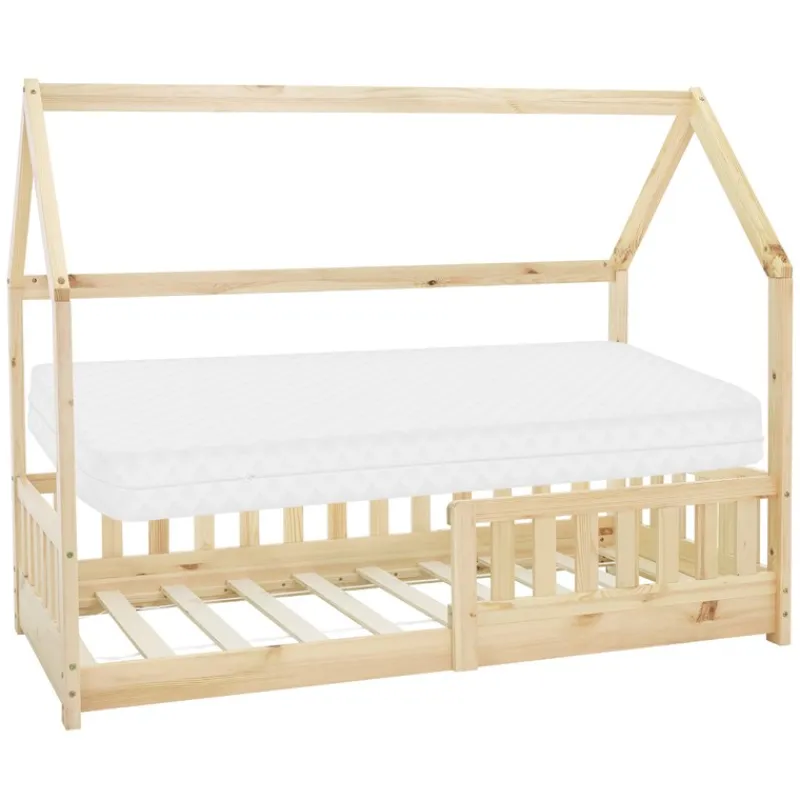 Kinderbett Hausbett 80x160 cm aus Kiefernholz inkl. Matratze H-10cm Rausfallschutz Dach und Lattenrost ML-Design-ECD Germany Outlet