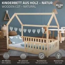 Kinderbett Hausbett 80x160 cm aus Kiefernholz inkl. Matratze H-10cm Rausfallschutz Dach und Lattenrost ML-Design-ECD Germany Outlet