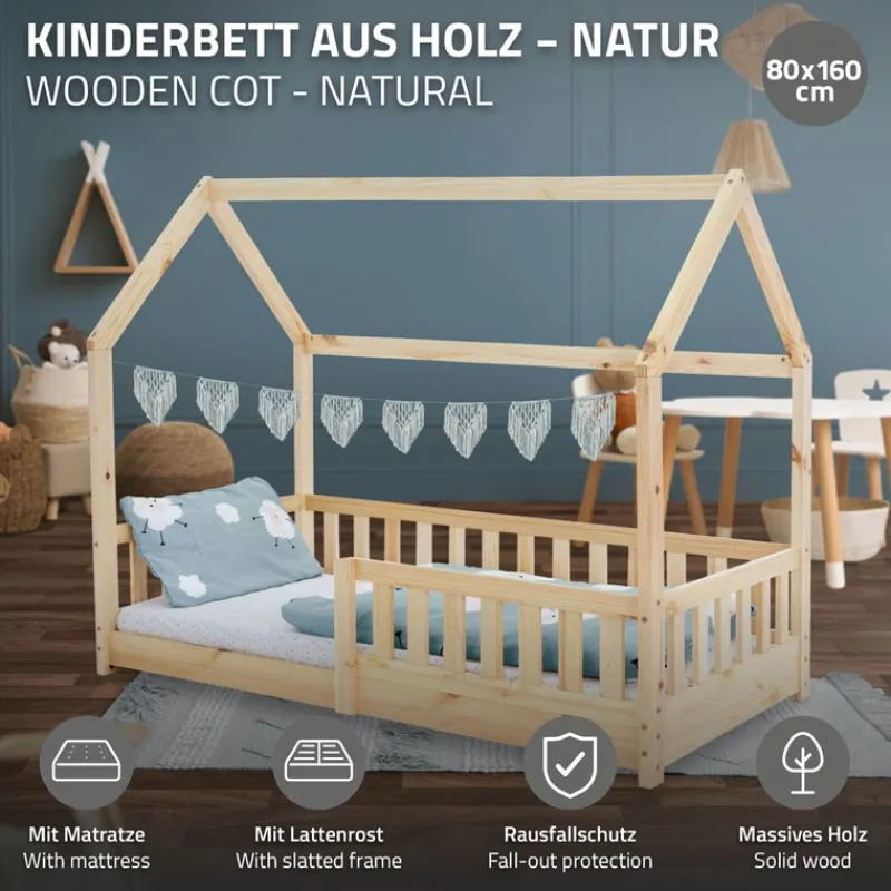 Kinderbett Hausbett 80x160 cm aus Kiefernholz inkl. Matratze H-10cm Rausfallschutz Dach und Lattenrost ML-Design-ECD Germany Outlet