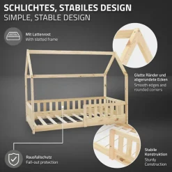 Kinderbett Hausbett 80x160 cm aus Kiefernholz inkl. Matratze H-10cm Rausfallschutz Dach und Lattenrost ML-Design-ECD Germany Outlet