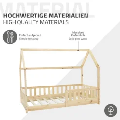 Kinderbett Hausbett 80x160 cm aus Kiefernholz inkl. Matratze H-10cm Rausfallschutz Dach und Lattenrost ML-Design-ECD Germany Outlet