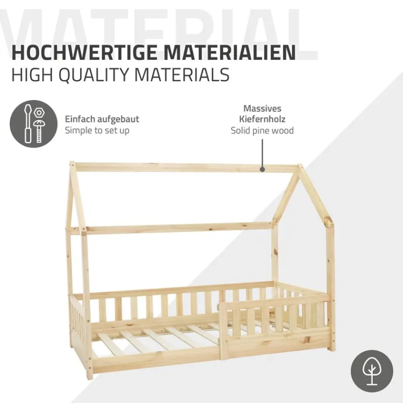 Kinderbett Hausbett 80x160 cm aus Kiefernholz inkl. Matratze H-10cm Rausfallschutz Dach und Lattenrost ML-Design-ECD Germany Outlet