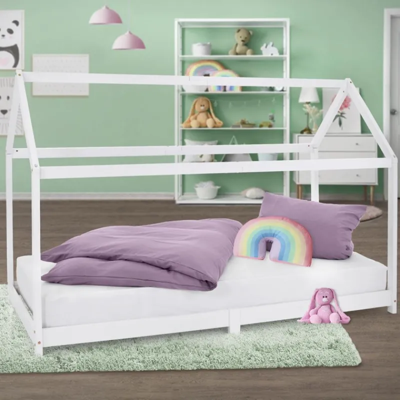 Kinderbett Hausbett 90x200 cm Weiß aus Kiefernholz Holzbett mit Dach und Lattenrost ML-Design-ECD Germany