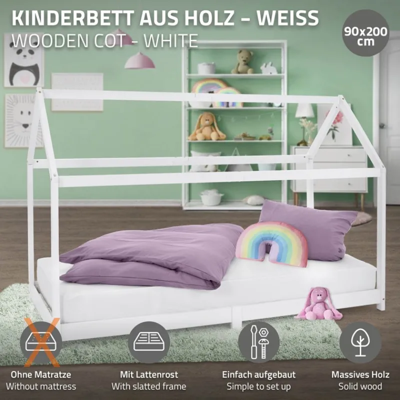 Kinderbett Hausbett 90x200 cm Weiß aus Kiefernholz Holzbett mit Dach und Lattenrost ML-Design-ECD Germany