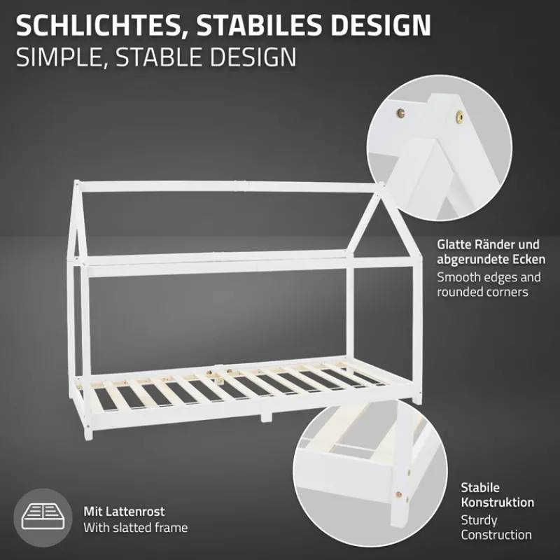 Kinderbett Hausbett 90x200 cm Weiß aus Kiefernholz Holzbett mit Dach und Lattenrost ML-Design-ECD Germany
