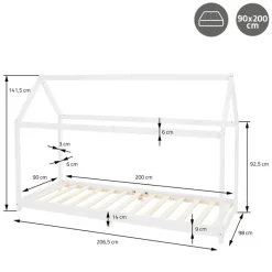 Kinderbett Hausbett 90x200 cm Weiß aus Kiefernholz Holzbett mit Dach und Lattenrost ML-Design-ECD Germany