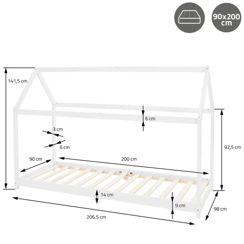Kinderbett Hausbett 90x200 cm Weiß aus Kiefernholz Holzbett mit Dach und Lattenrost ML-Design-ECD Germany