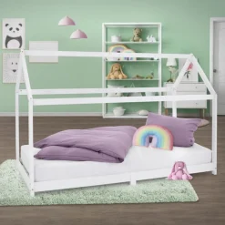 Kinderbett Hausbett 90x200 cm Weiß aus Kiefernholz Holzbett mit Dach und Lattenrost ML-Design-ECD Germany