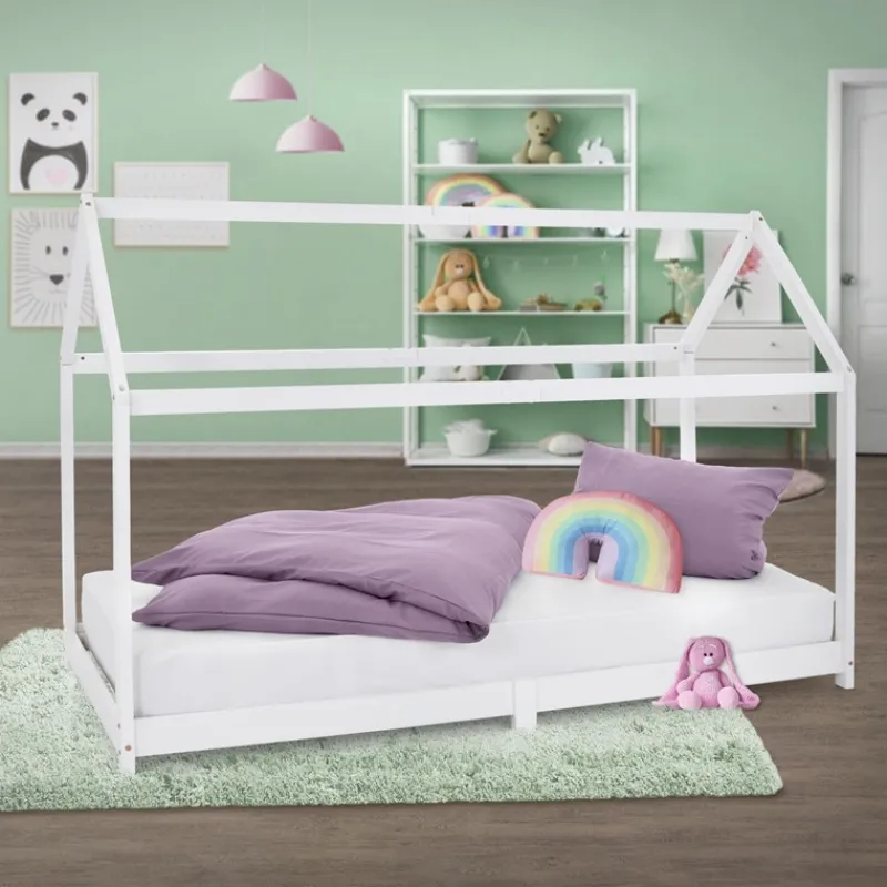Kinderbett Hausbett 90x200 cm Weiß aus Kiefernholz Holzbett mit Dach und Lattenrost ML-Design-ECD Germany