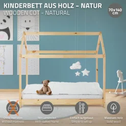 Kinderbett Hausbett 70x140 cm aus Kiefernholz Holzbett mit Dach und Lattenrost ML-Design-ECD Germany Hot