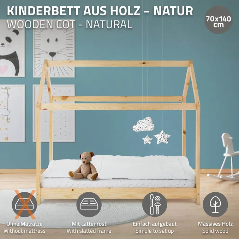 Kinderbett Hausbett 70x140 cm aus Kiefernholz Holzbett mit Dach und Lattenrost ML-Design-ECD Germany Hot