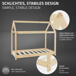 Kinderbett Hausbett 70x140 cm aus Kiefernholz Holzbett mit Dach und Lattenrost ML-Design-ECD Germany Hot
