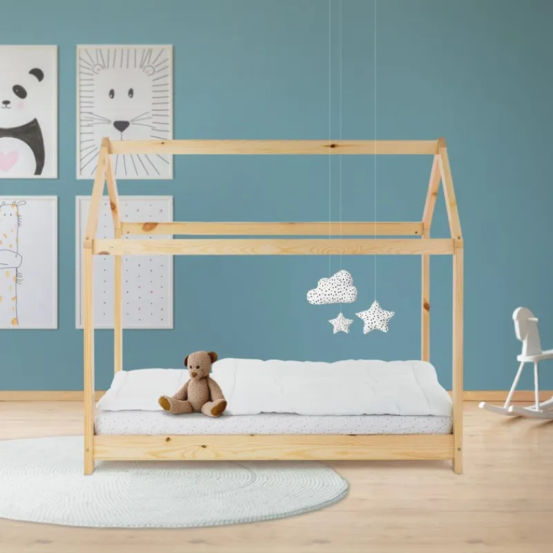 Kinderbett Hausbett 70x140 cm aus Kiefernholz Holzbett mit Dach und Lattenrost ML-Design-ECD Germany Hot