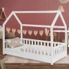 Kinderbett Hausbett 80x160 cm Weiß aus Kiefernholz mit Rausfallschutz Dach und Lattenrost Holzbett ML-Design-ECD Germany Best