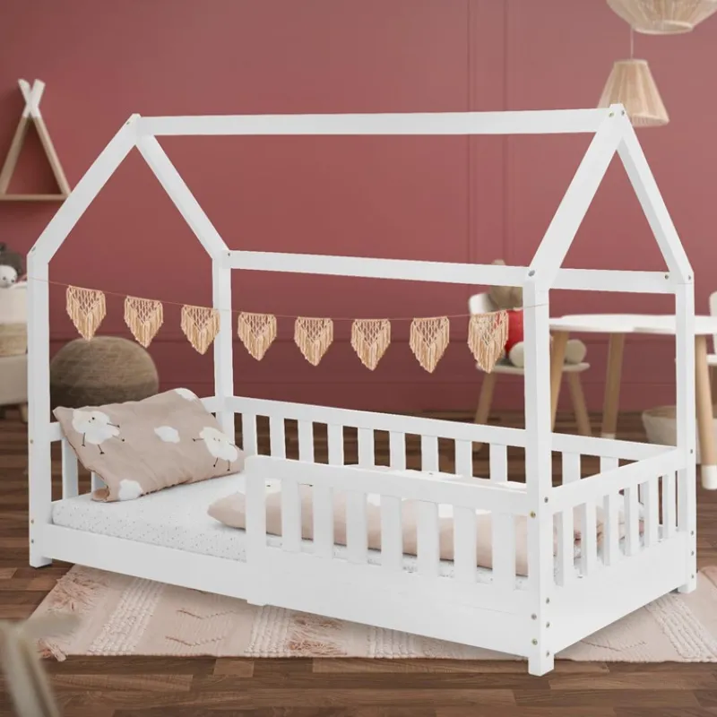 Kinderbett Hausbett 80x160 cm Weiß aus Kiefernholz mit Rausfallschutz Dach und Lattenrost Holzbett ML-Design-ECD Germany Best