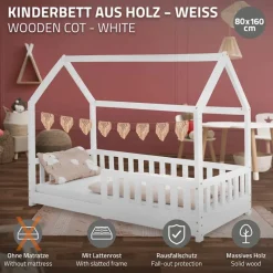 Kinderbett Hausbett 80x160 cm Weiß aus Kiefernholz mit Rausfallschutz Dach und Lattenrost Holzbett ML-Design-ECD Germany Best