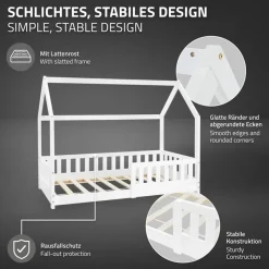 Kinderbett Hausbett 80x160 cm Weiß aus Kiefernholz mit Rausfallschutz Dach und Lattenrost Holzbett ML-Design-ECD Germany Best