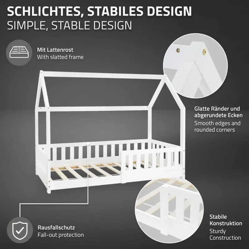 Kinderbett Hausbett 80x160 cm Weiß aus Kiefernholz mit Rausfallschutz Dach und Lattenrost Holzbett ML-Design-ECD Germany Best
