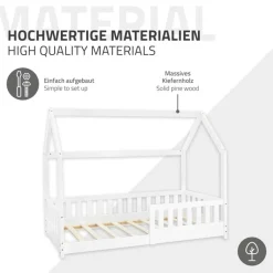 Kinderbett Hausbett 80x160 cm Weiß aus Kiefernholz mit Rausfallschutz Dach und Lattenrost Holzbett ML-Design-ECD Germany Best
