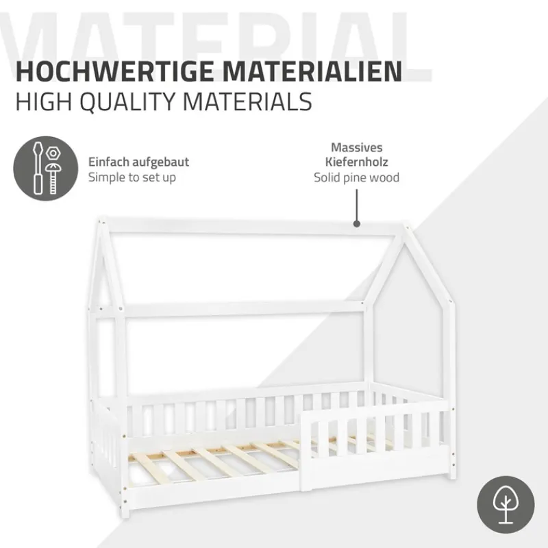 Kinderbett Hausbett 80x160 cm Weiß aus Kiefernholz mit Rausfallschutz Dach und Lattenrost Holzbett ML-Design-ECD Germany Best