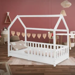 Kinderbett Hausbett 80x160 cm Weiß aus Kiefernholz mit Rausfallschutz Dach und Lattenrost Holzbett ML-Design-ECD Germany Best