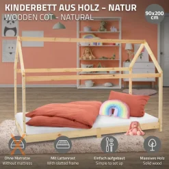 Kinderbett Hausbett 90x200 cm aus Kiefernholz Holzbett mit Dach und Lattenrost ML-Design-ECD Germany Online