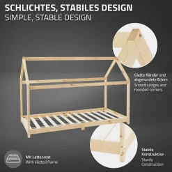 Kinderbett Hausbett 90x200 cm aus Kiefernholz Holzbett mit Dach und Lattenrost ML-Design-ECD Germany Online